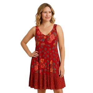 Bila Red Floral Summer Beach Pool Rose Boho Bohemian Peasant Style Hippie Dress